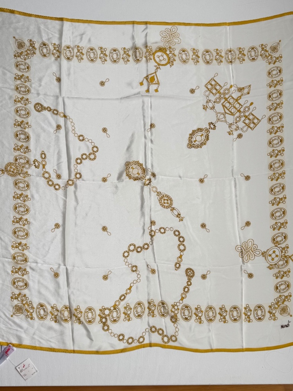 Mondi 100% Silk Scarf White Gold Jewelry Print Vintage NWT